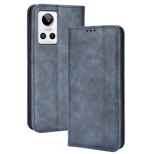 For Realme GT Neo3 Magnetic Auto-absorbed Retro Texture PU Leather Case Mosaic Imprinted Wallet Stand Shell - Blue