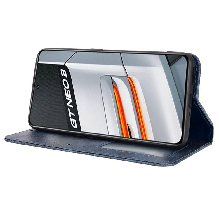 For Realme GT Neo3 Magnetic Auto-absorbed Retro Texture PU Leather Case Mosaic Imprinted Wallet Stand Shell - Blue