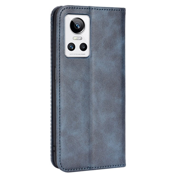 For Realme GT Neo3 Magnetic Auto-absorbed Retro Texture PU Leather Case Mosaic Imprinted Wallet Stand Shell - Blue