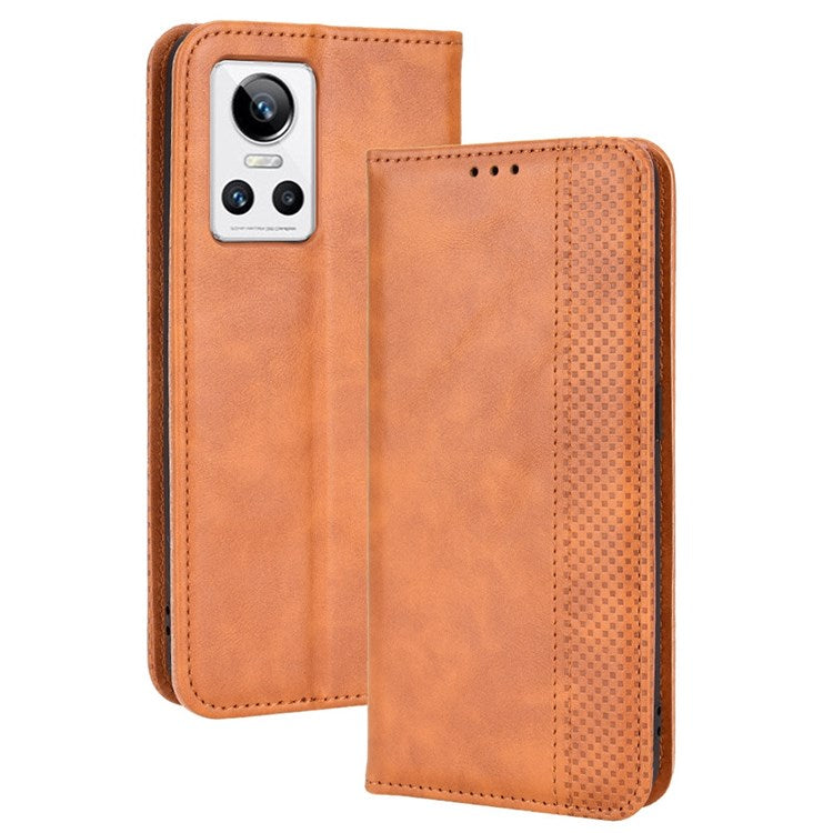 For Realme GT Neo3 Magnetic Auto-absorbed Retro Texture PU Leather Case Mosaic Imprinted Wallet Stand Shell - Brown