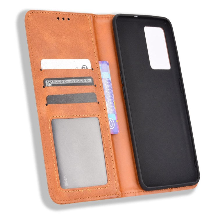 For Realme GT Neo3 Magnetic Auto-absorbed Retro Texture PU Leather Case Mosaic Imprinted Wallet Stand Shell - Brown