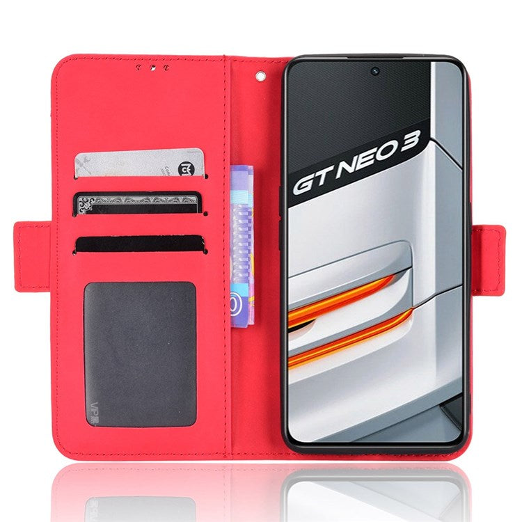 For Realme GT Neo3 Multiple Card Slots PU Leather Anti-scratch Wallet Case Mobile Phone Stand Cover - Red