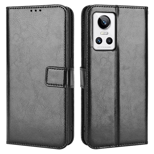 Crazy Horse Texture Phone Case for Realme GT Neo3, PU Leather + TPU Stand Wallet Cellphone Cover - Black