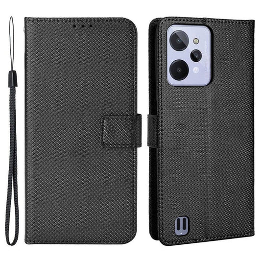 For Realme C31 Wallet PU Leather Shockproof Phone Case Diamond Texture Adjustable Stand Cover - Black