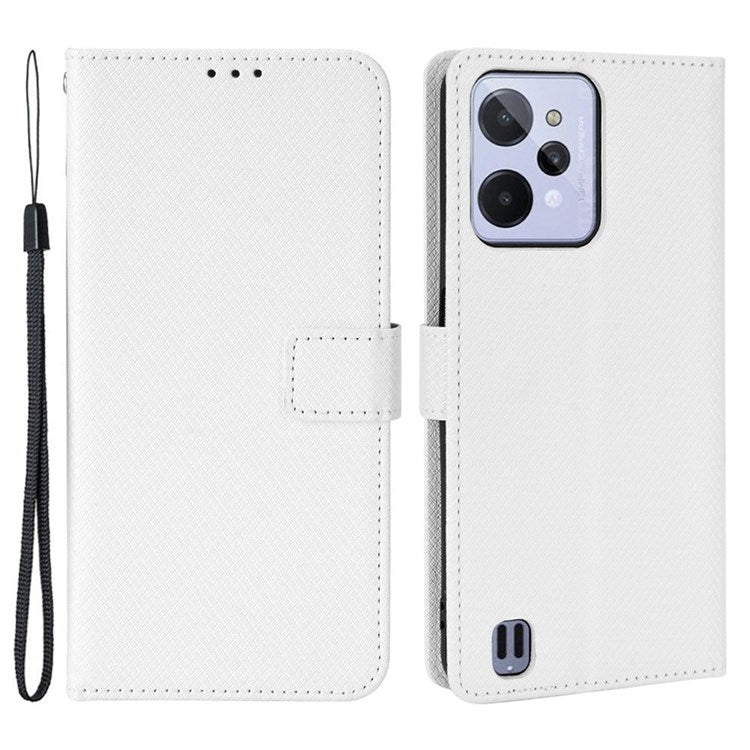 For Realme C31 Wallet PU Leather Shockproof Phone Case Diamond Texture Adjustable Stand Cover - White