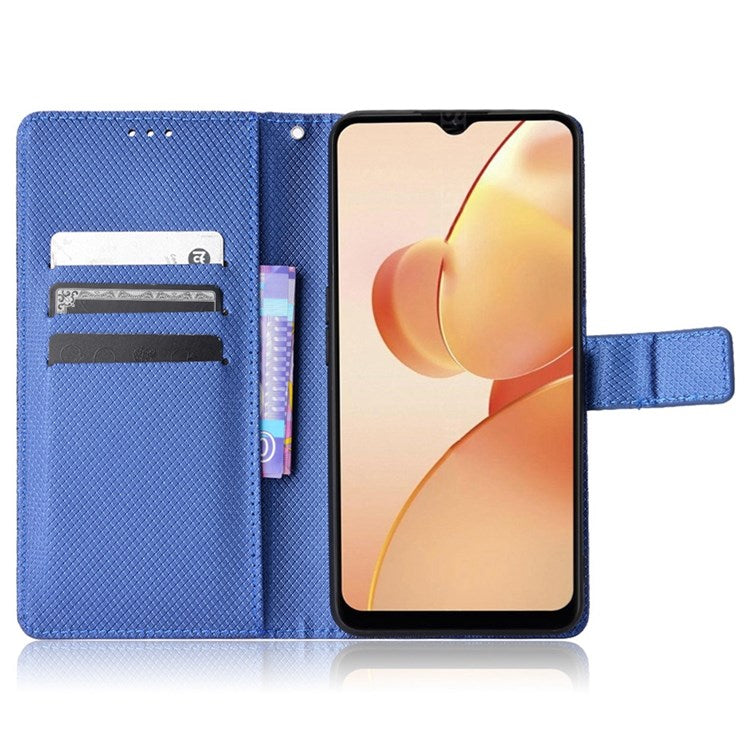 For Realme C31 Wallet PU Leather Shockproof Phone Case Diamond Texture Adjustable Stand Cover - Blue