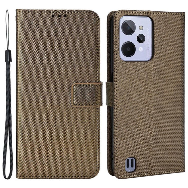 For Realme C31 Wallet PU Leather Shockproof Phone Case Diamond Texture Adjustable Stand Cover - Brown