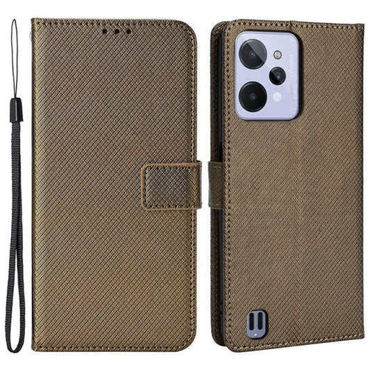 For Realme C31 Wallet PU Leather Shockproof Phone Case Diamond Texture Adjustable Stand Cover - Brown