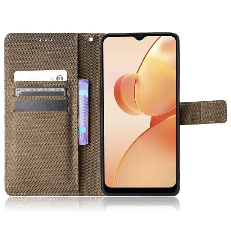 For Realme C31 Wallet PU Leather Shockproof Phone Case Diamond Texture Adjustable Stand Cover - Brown
