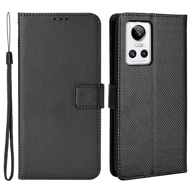 For Realme GT Neo3 Wallet Leather Case Diamond Texture Stand Magnetic Clasp Phone Cover - Black
