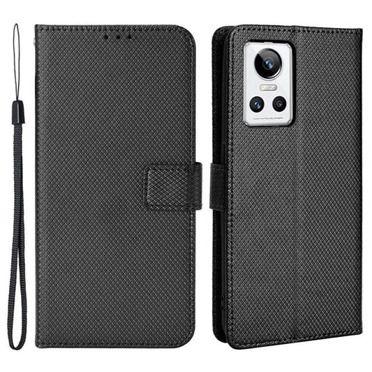For Realme GT Neo3 Wallet Leather Case Diamond Texture Stand Magnetic Clasp Phone Cover - Black