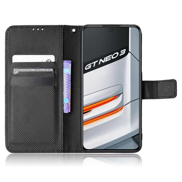 For Realme GT Neo3 Wallet Leather Case Diamond Texture Stand Magnetic Clasp Phone Cover - Black