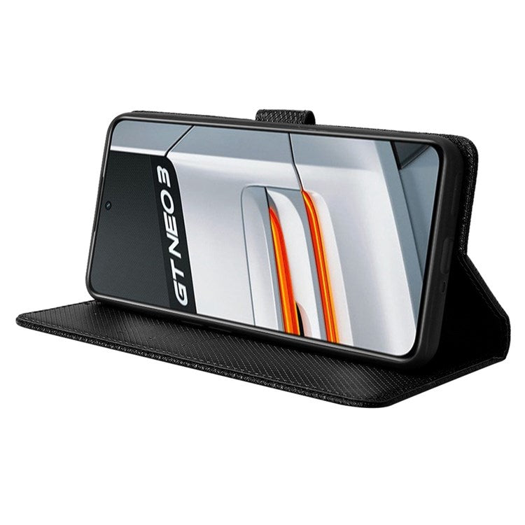 For Realme GT Neo3 Wallet Leather Case Diamond Texture Stand Magnetic Clasp Phone Cover - Black