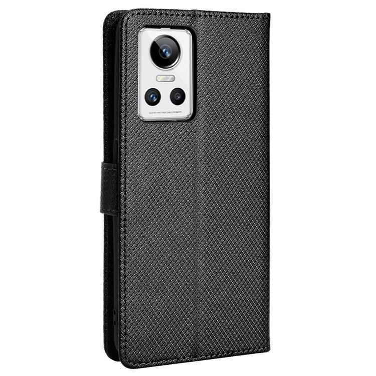 For Realme GT Neo3 Wallet Leather Case Diamond Texture Stand Magnetic Clasp Phone Cover - Black