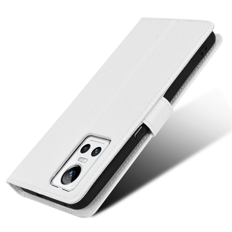 For Realme GT Neo3 Wallet Leather Case Diamond Texture Stand Magnetic Clasp Phone Cover - White