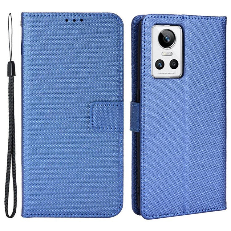 For Realme GT Neo3 Wallet Leather Case Diamond Texture Stand Magnetic Clasp Phone Cover - Blue