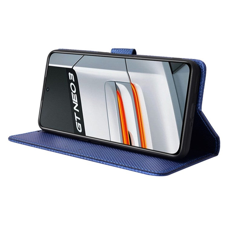 For Realme GT Neo3 Wallet Leather Case Diamond Texture Stand Magnetic Clasp Phone Cover - Blue