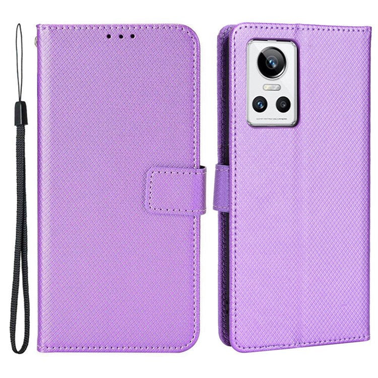For Realme GT Neo3 Wallet Leather Case Diamond Texture Stand Magnetic Clasp Phone Cover - Purple