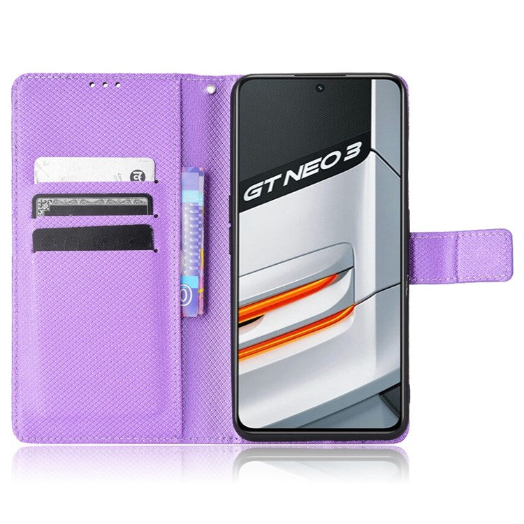 For Realme GT Neo3 Wallet Leather Case Diamond Texture Stand Magnetic Clasp Phone Cover - Purple