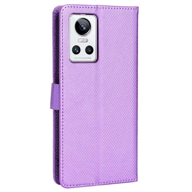 For Realme GT Neo3 Wallet Leather Case Diamond Texture Stand Magnetic Clasp Phone Cover - Purple