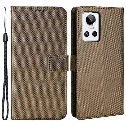 For Realme GT Neo3 Wallet Leather Case Diamond Texture Stand Magnetic Clasp Phone Cover - Brown