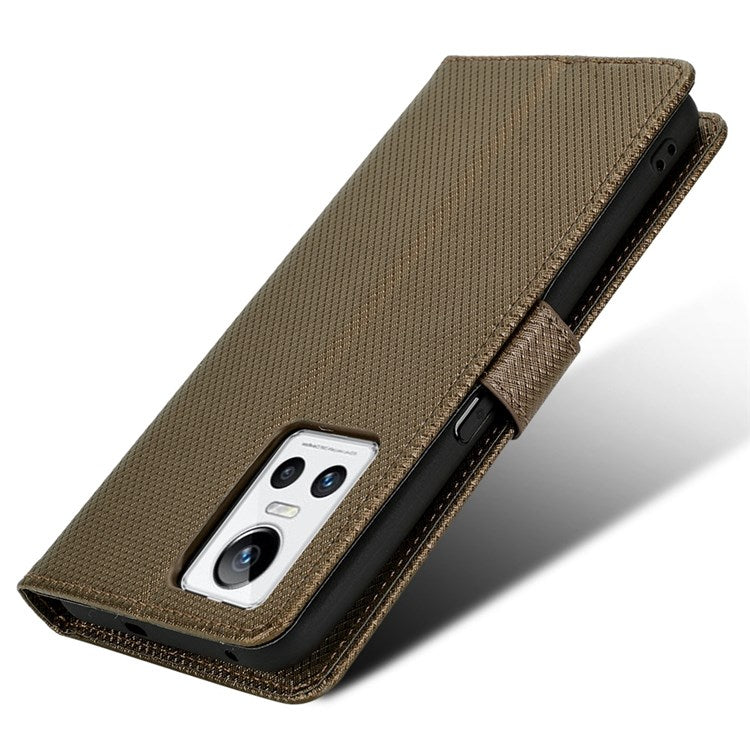 For Realme GT Neo3 Wallet Leather Case Diamond Texture Stand Magnetic Clasp Phone Cover - Brown