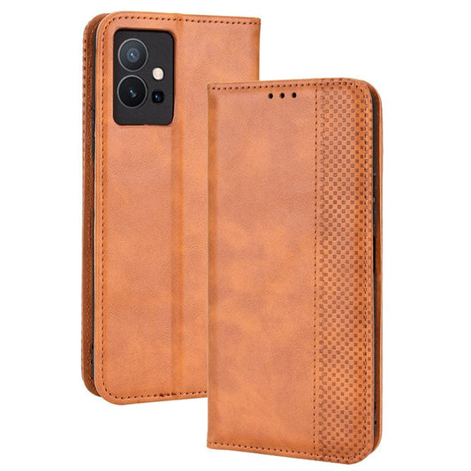 For vivo Y55 5G/Y75 5G/T1 5G PU Leather Retro Cover Mosaic Imprinted Stand Magnetic Adsorption Flip Wallet Case - Brown