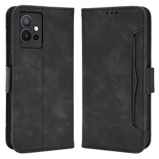 For vivo Y55 5G/Y75 5G/T1 5G PU Leather Card Holder Stand Shockproof TPU Interior Case Wallet Design Magnetic Protect Flip Cover - Black