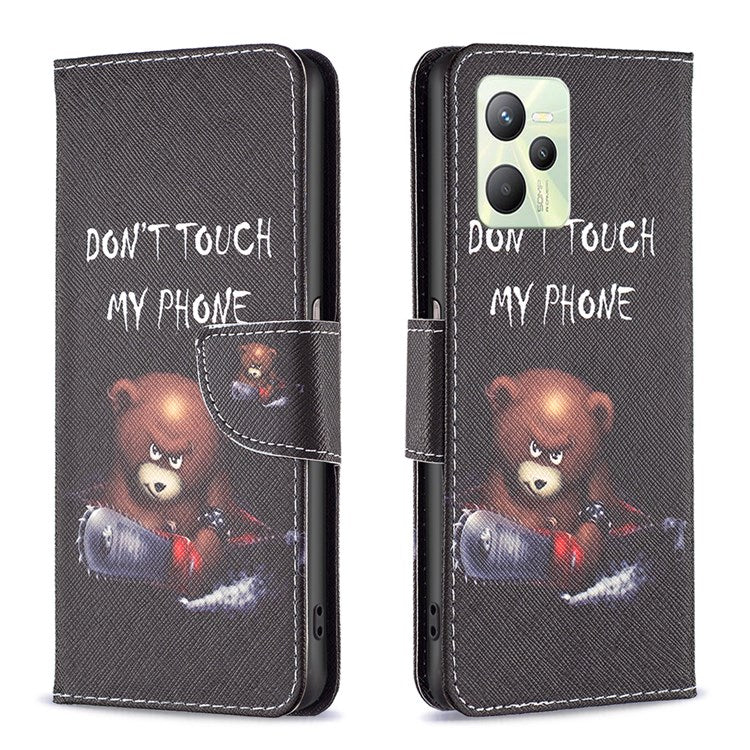For Realme C35 BF Pattern Printing Leather Series-1 Magnetic Clasp Closure Phone Case with Adjustable Stand Folio Flip Wallet Protective Shell - Bear