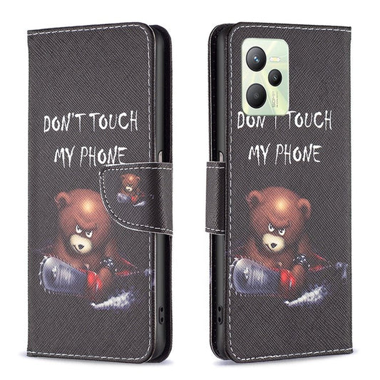For Realme C35 BF Pattern Printing Leather Series-1 Magnetic Clasp Closure Phone Case with Adjustable Stand Folio Flip Wallet Protective Shell - Bear