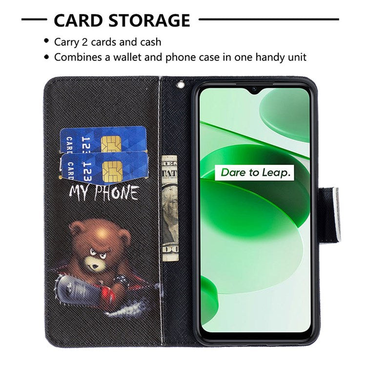 For Realme C35 BF Pattern Printing Leather Series-1 Magnetic Clasp Closure Phone Case with Adjustable Stand Folio Flip Wallet Protective Shell - Bear