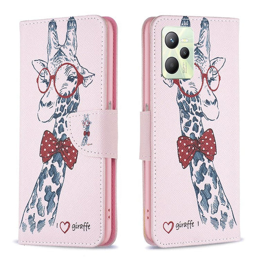 For Realme C35 BF Pattern Printing Leather Series-1 Magnetic Clasp Closure Phone Case with Adjustable Stand Folio Flip Wallet Protective Shell - Giraffe