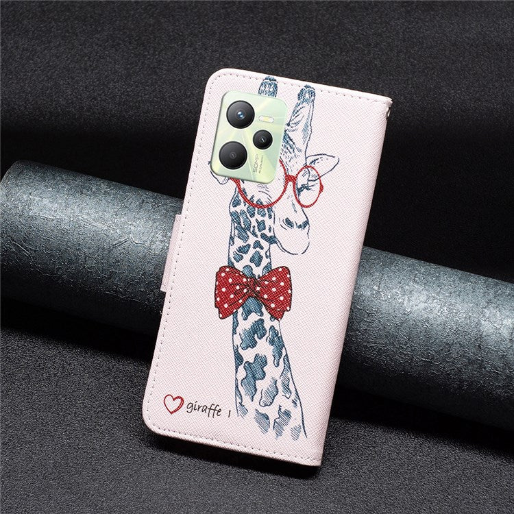 For Realme C35 BF Pattern Printing Leather Series-1 Magnetic Clasp Closure Phone Case with Adjustable Stand Folio Flip Wallet Protective Shell - Giraffe