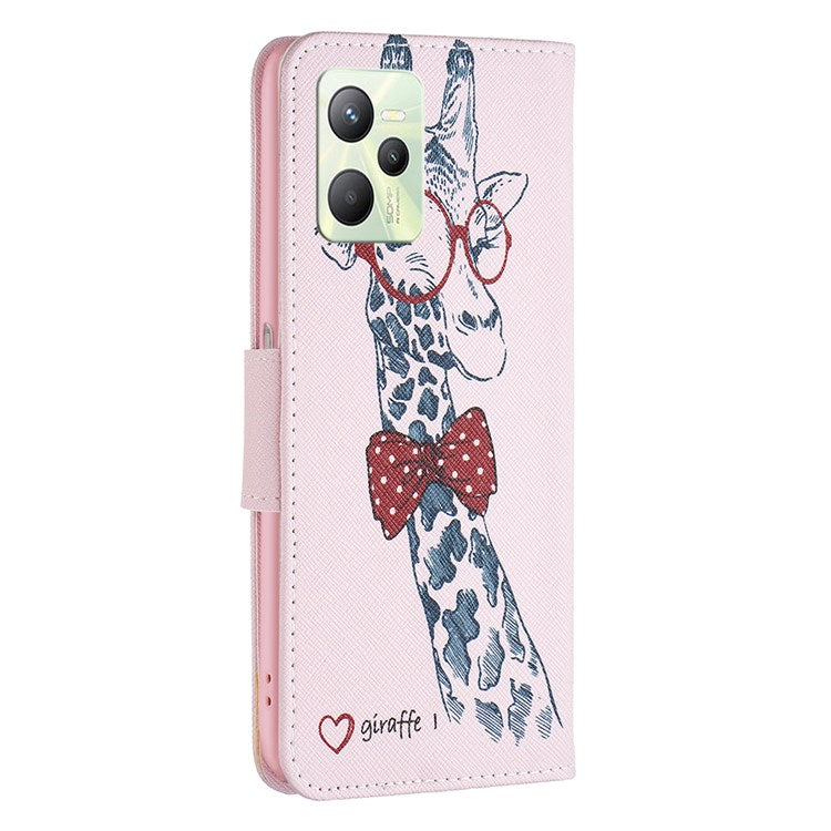 For Realme C35 BF Pattern Printing Leather Series-1 Magnetic Clasp Closure Phone Case with Adjustable Stand Folio Flip Wallet Protective Shell - Giraffe