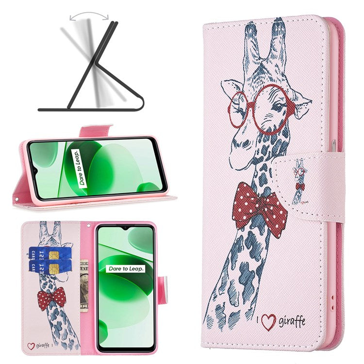 For Realme C35 BF Pattern Printing Leather Series-1 Magnetic Clasp Closure Phone Case with Adjustable Stand Folio Flip Wallet Protective Shell - Giraffe