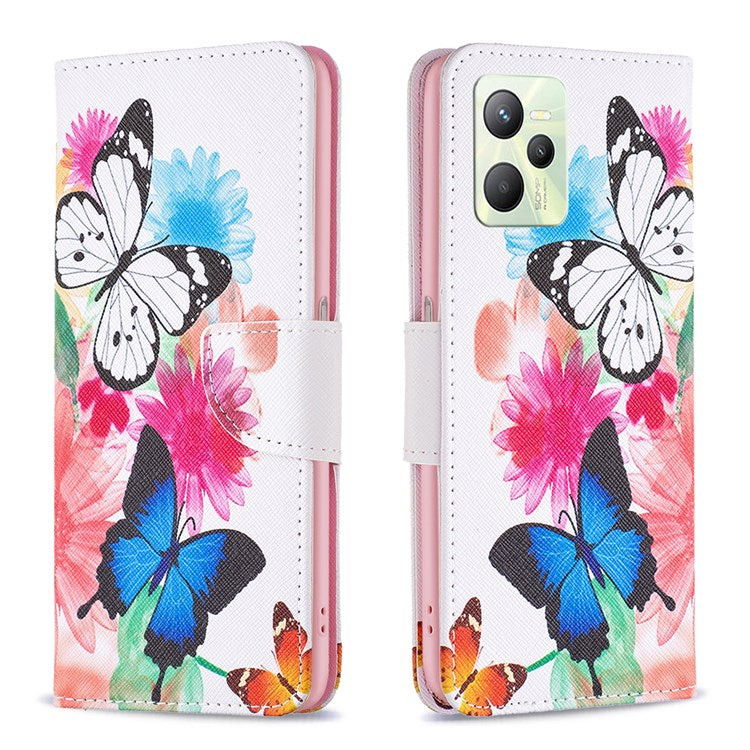 For Realme C35 BF Pattern Printing Leather Series-1 Magnetic Clasp Closure Phone Case with Adjustable Stand Folio Flip Wallet Protective Shell - Two Butterflies