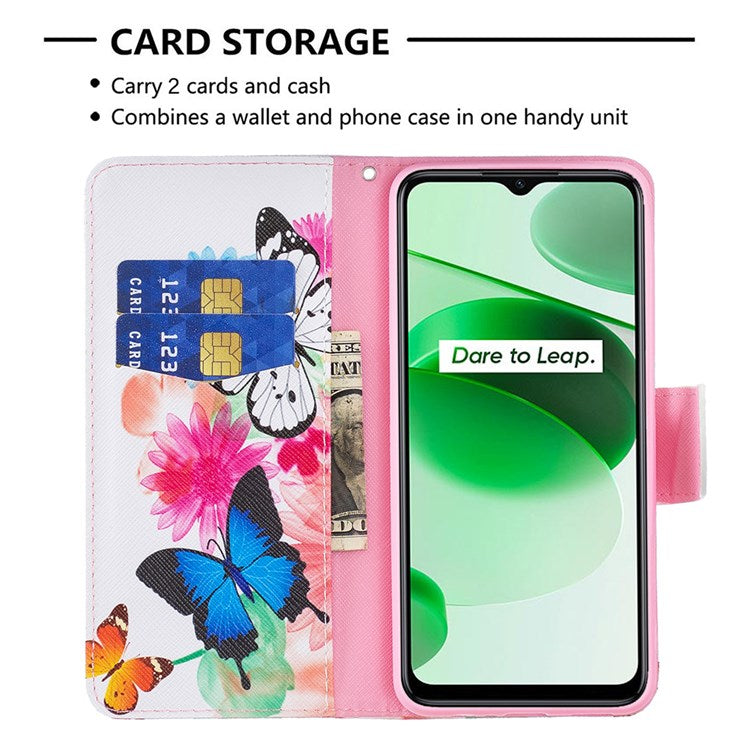 For Realme C35 BF Pattern Printing Leather Series-1 Magnetic Clasp Closure Phone Case with Adjustable Stand Folio Flip Wallet Protective Shell - Two Butterflies