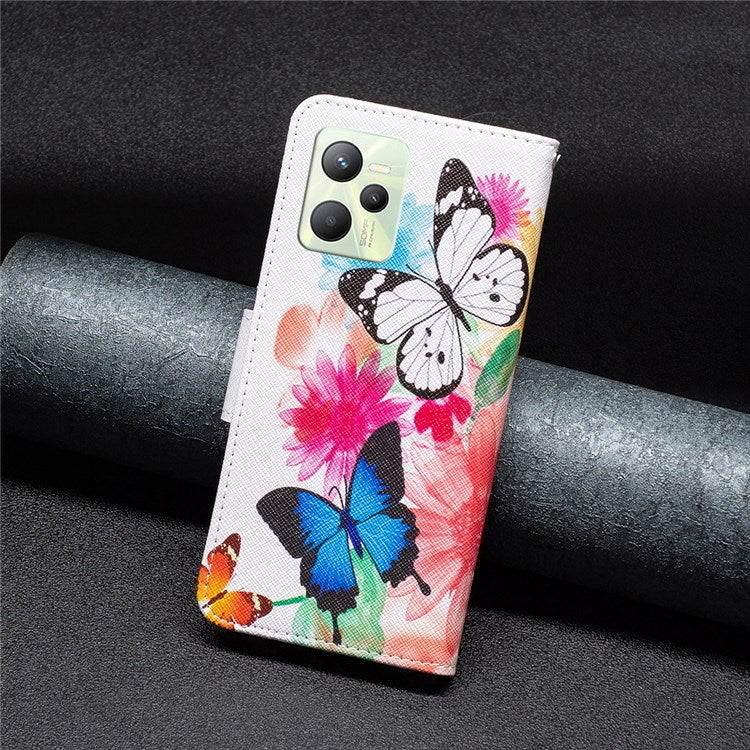 For Realme C35 BF Pattern Printing Leather Series-1 Magnetic Clasp Closure Phone Case with Adjustable Stand Folio Flip Wallet Protective Shell - Two Butterflies