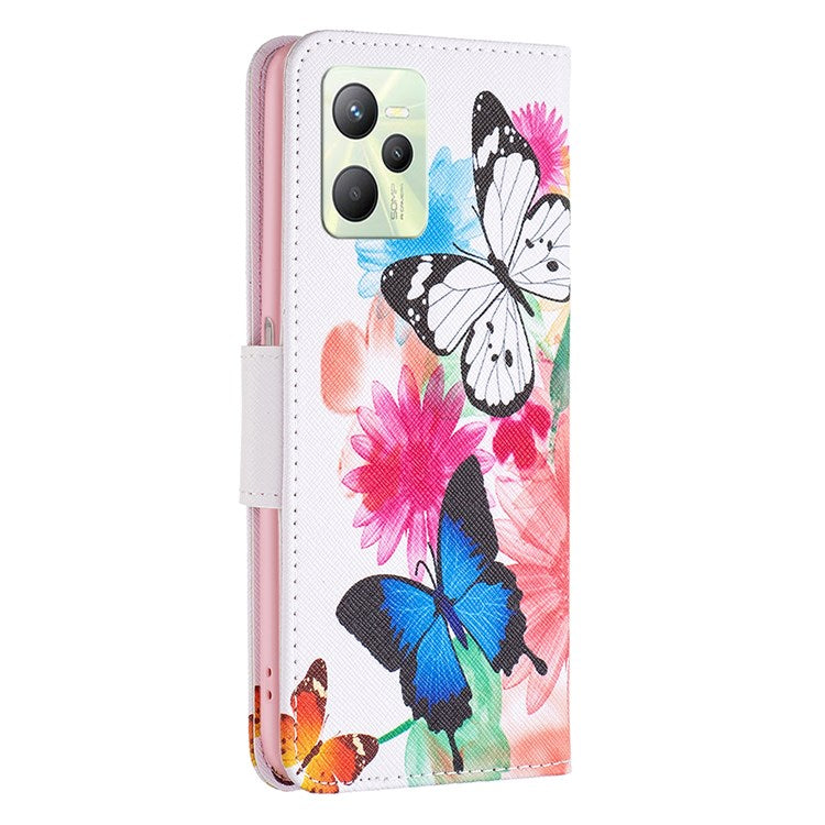 For Realme C35 BF Pattern Printing Leather Series-1 Magnetic Clasp Closure Phone Case with Adjustable Stand Folio Flip Wallet Protective Shell - Two Butterflies