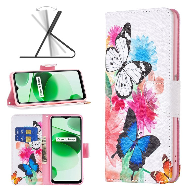 For Realme C35 BF Pattern Printing Leather Series-1 Magnetic Clasp Closure Phone Case with Adjustable Stand Folio Flip Wallet Protective Shell - Two Butterflies