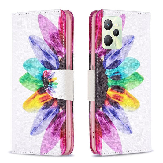 For Realme C35 BF Pattern Printing Leather Series-1 Magnetic Clasp Closure Phone Case with Adjustable Stand Folio Flip Wallet Protective Shell - Sunflower