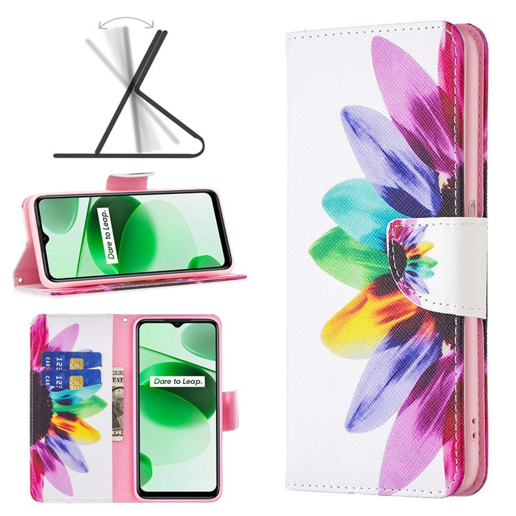 For Realme C35 BF Pattern Printing Leather Series-1 Magnetic Clasp Closure Phone Case with Adjustable Stand Folio Flip Wallet Protective Shell - Sunflower