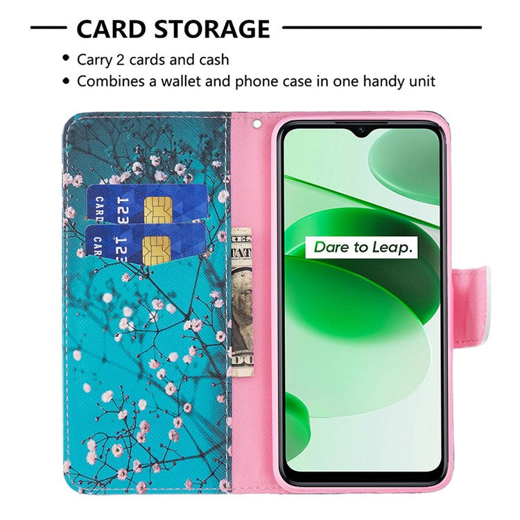 For Realme C35 BF Pattern Printing Leather Series-1 Magnetic Clasp Closure Phone Case with Adjustable Stand Folio Flip Wallet Protective Shell - Winter Sweet