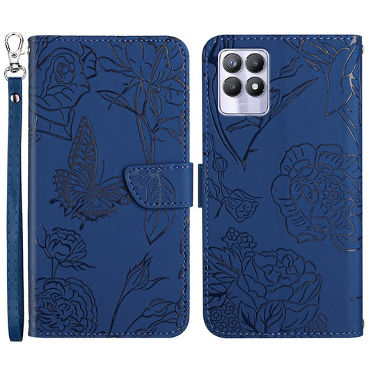 Butterfly Flowers Imprinting PU Leather Phone Shell for Realme 8i/Narzo 50 4G, Folio Flip Wallet Skin-Touch Leather Case with Foldable Stand Handy Strap - Blue