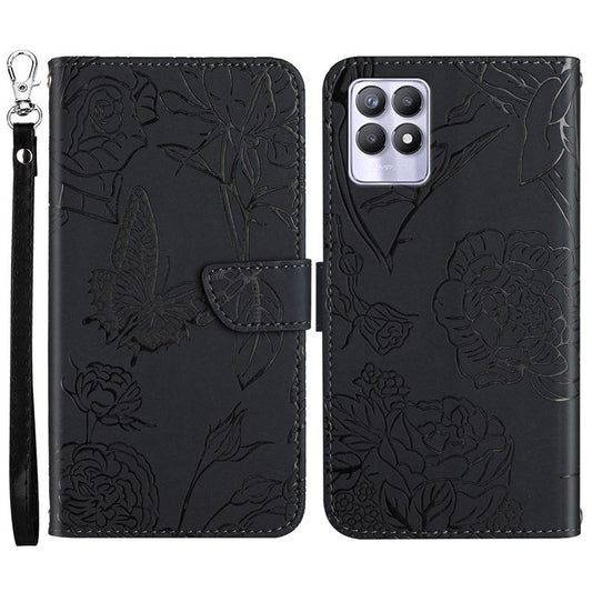 Butterfly Flowers Imprinting PU Leather Phone Shell for Realme 8i/Narzo 50 4G, Folio Flip Wallet Skin-Touch Leather Case with Foldable Stand Handy Strap - Black