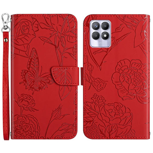 Butterfly Flowers Imprinting PU Leather Phone Shell for Realme 8i/Narzo 50 4G, Folio Flip Wallet Skin-Touch Leather Case with Foldable Stand Handy Strap - Red