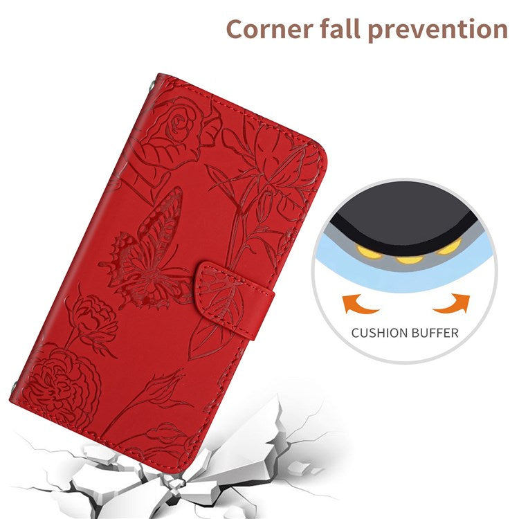 Butterfly Flowers Imprinting PU Leather Phone Shell for Realme 8i/Narzo 50 4G, Folio Flip Wallet Skin-Touch Leather Case with Foldable Stand Handy Strap - Red