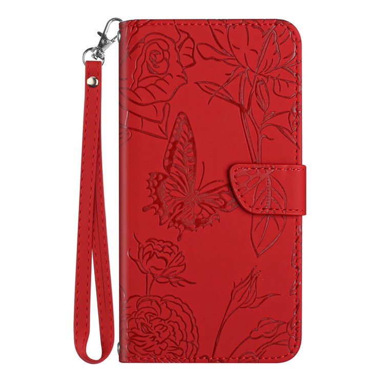 Butterfly Flowers Imprinting PU Leather Phone Shell for Realme 8i/Narzo 50 4G, Folio Flip Wallet Skin-Touch Leather Case with Foldable Stand Handy Strap - Red
