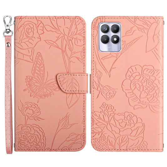 Butterfly Flowers Imprinting PU Leather Phone Shell for Realme 8i/Narzo 50 4G, Folio Flip Wallet Skin-Touch Leather Case with Foldable Stand Handy Strap - Pink