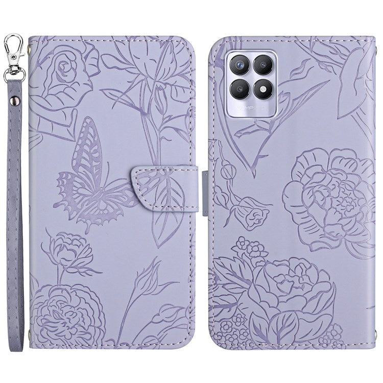 Butterfly Flowers Imprinting PU Leather Phone Shell for Realme 8i/Narzo 50 4G, Folio Flip Wallet Skin-Touch Leather Case with Foldable Stand Handy Strap - Light Purple